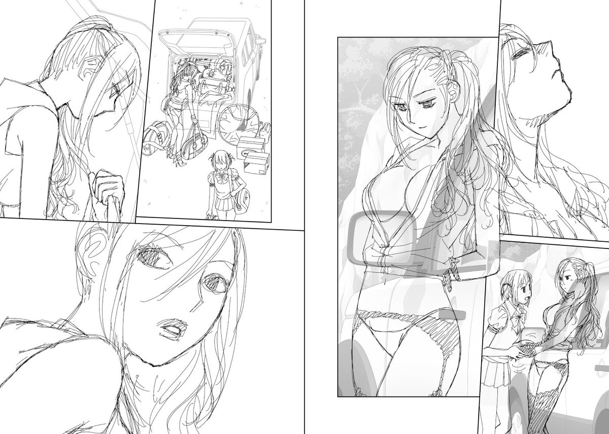 おはようございます\(//∇//)\
すっかり朝ですね〜愛も変わらずオイラは今から寝るところです(°ー°;)
おやすみなさい💤

そんなわけで…見開き単位で作業してた連載時の下描き…15
台詞フキダシ擬音無しのラフです
先に背景や車の作業を進めてたりします 