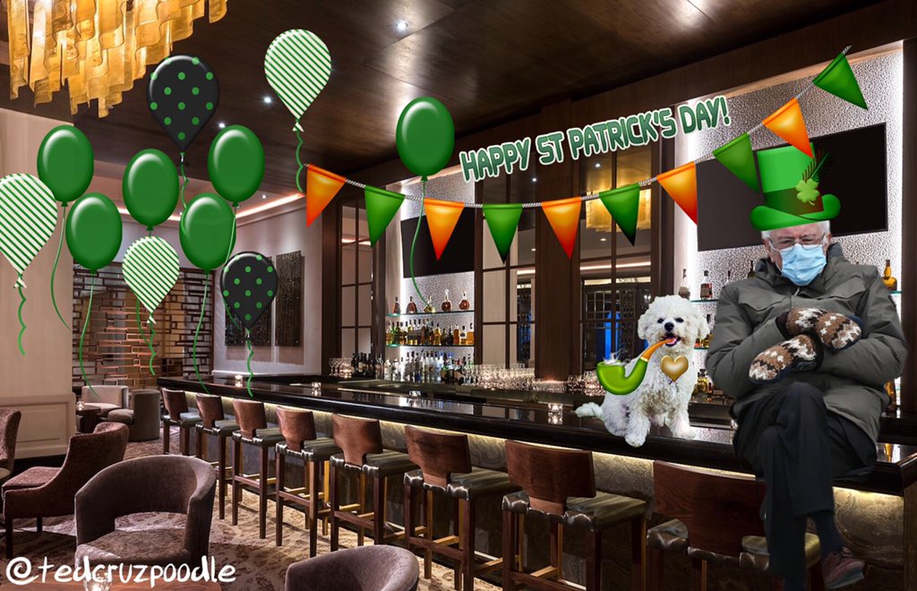 TedCruzPoodle's tweet photo. Uncle Bernie supervises as I decorate for tonight’s big #StPatricksDay celebration in D-Lounge @RitzCarlton!
#HappyStPatricksDay ☘️
#AdventuresWithBernie https://t.co/gOlomswIVr