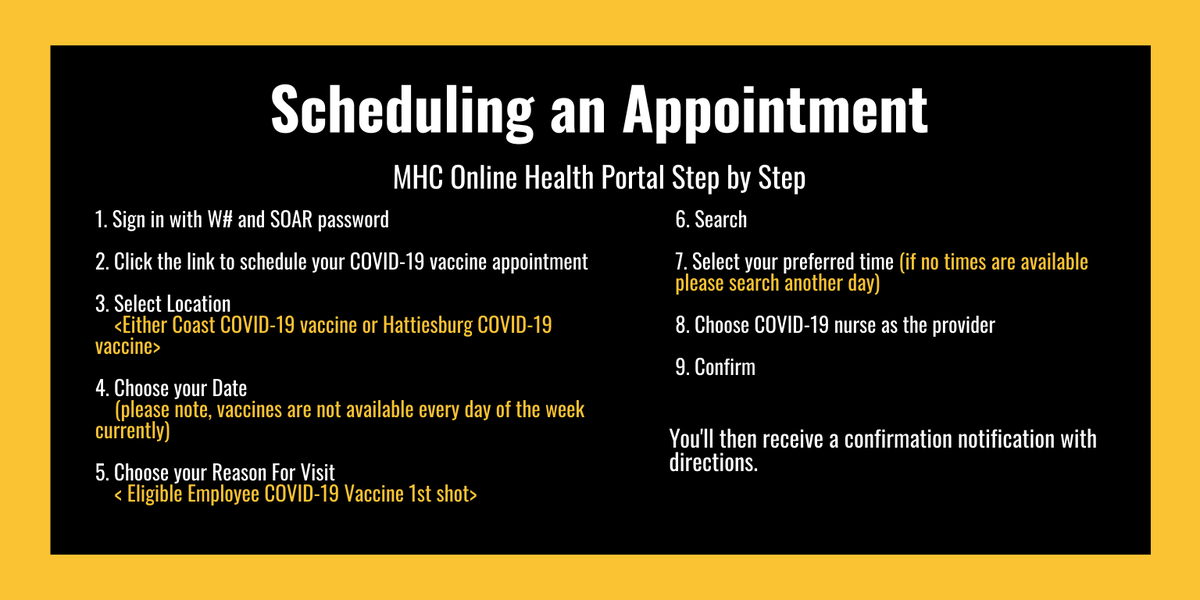 We have COVID-19 vaccination slots still available for USM employees and students for the remainder of this week! If you'd like to make an appointment, visit our patent portal or call our front desk at 601.266.5390.

shsweb.usm.edu/pyramedportal

#vaxupUSM #tothetoptogether