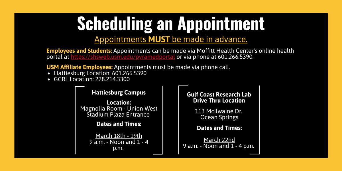 USMhealth's tweet photo. We have COVID-19 vaccination slots still available for USM employees and students for the remainder of this week! If you'd like to make an appointment, visit our patent portal or call our front desk at 601.266.5390.

https://t.co/FPT4g46esc

#vaxupUSM #tothetoptogether https://t.co/FZpvE2GO38