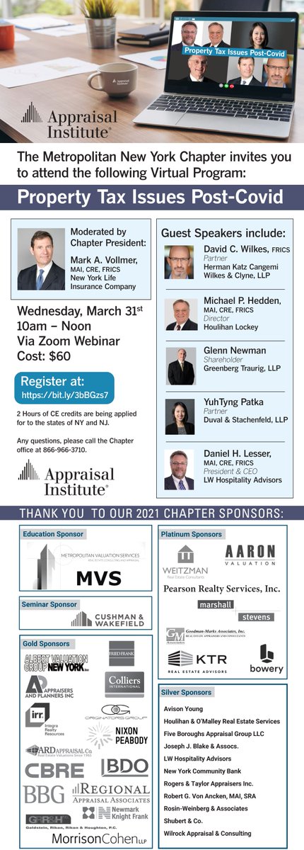 Need 2 Hours of CE Credit? Interested in Property Tax Issues Post-Covid?

Please join us via Zoom on Wednesday, March 31st as moderator Mark Vollmer, MAI, CRE, FRICS, speaks with industrial experts. #realestate #nycrealestate #appraiser #realestateappraiser