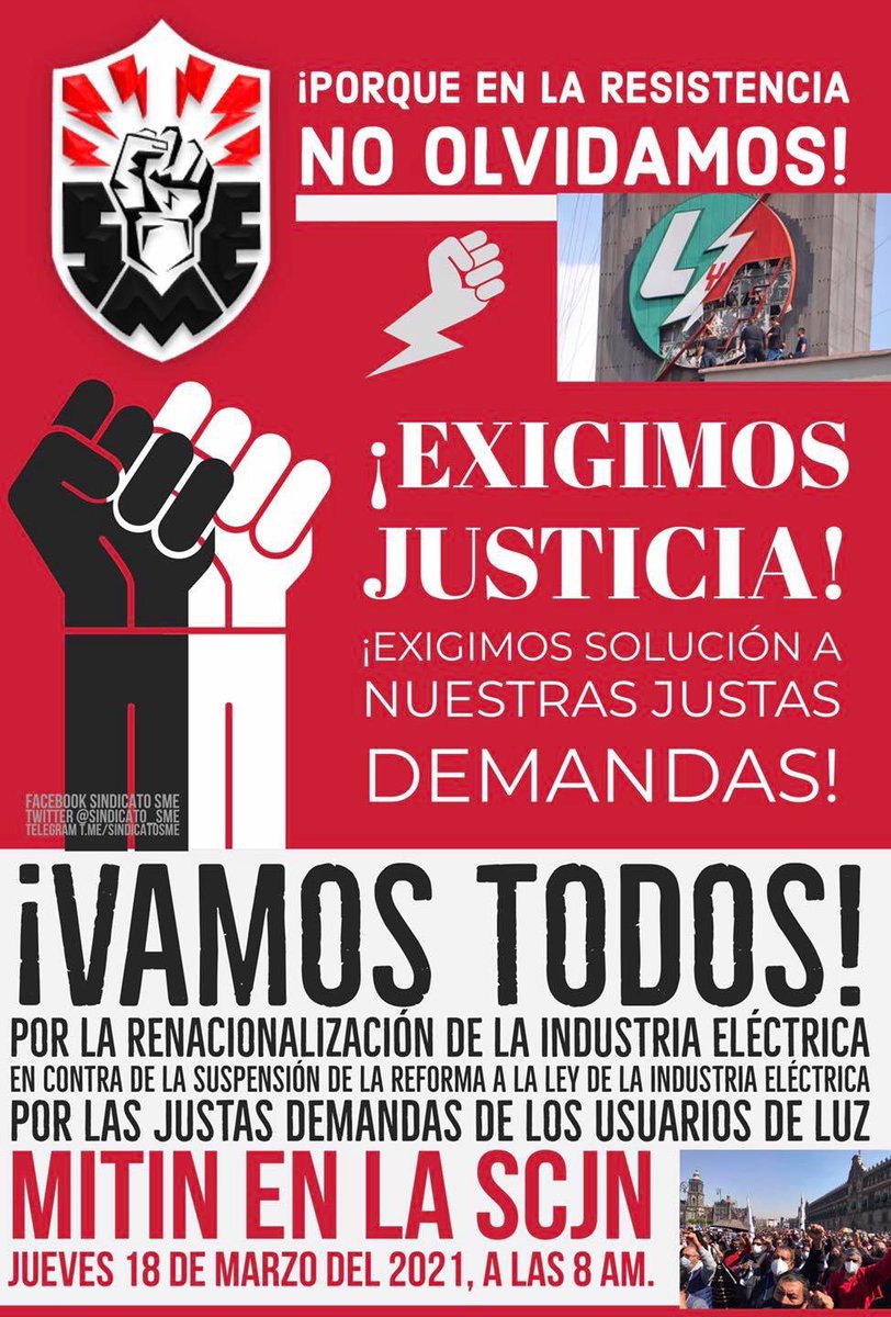 ¡VAMOS TODOS!
¡EXIGIMOS SOLUCIÓN A NUESTRAS JUSTAS DEMANDAS!
¡VAMOS A LA SCJN POR LA RENACIONALIZACION DE LA INDUSTRIA ELÉCTRICA!
¡EN CONTRA DE LA SUSPENSIÓN DE LA REFORMA A LA LEY DE LA INDUSTRIA ELÉCTRICA!
¡EN DEFENSA DE LOS USUARIOS DE LUZ!
¡VIVA EL #SME!