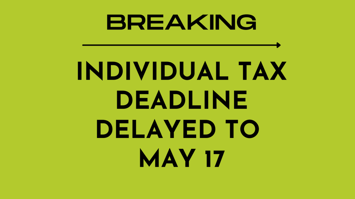 VSCPANews's tweet photo. BREAKING: The Treasury Department and Internal Revenue Service announced today that the federal income tax filing due date for individuals for the 2020 tax year will be automatically extended from April 15 to May 17. The IRS will be providing formal guidance in the coming days. https://t.co/0zn1SRDJ9q