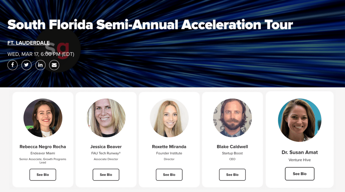 genemurphy's tweet photo. In one hour it's time for the @startupgrindftl Acceleration tour!
Meet #SouthFlorida Accelerators including
@startupboosthq who will be pitching to you!
Register here: https://t.co/z9jEnSeWfI
#SGSouthFlorida #AccelerationTour https://t.co/x70meUcHYp