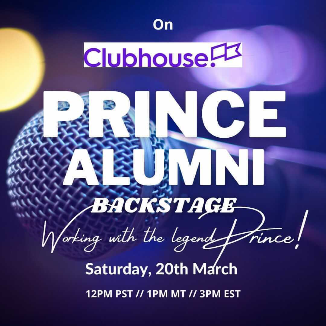 Join us again this Saturday 20th March 12PM PST 2PM MT 3PM EST on @clubhouse for:

“PRINCE ALUMNI BACKSTAGE” - Working with the legend Prince! 🎸

🗣Come join us on the stage and get all those long awaited questions answered!!!
Click here to join: 👇🏽👇🏽👇🏽
joinclubhouse.com/event/xjkYWGN6