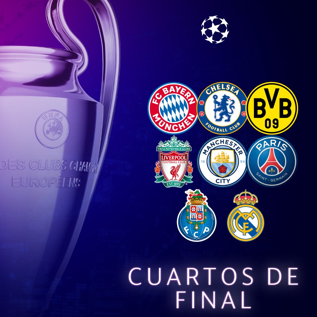 LigadeCampeones's tweet photo. 😎 Equipos clasificados para cuartos de final 😎

🇩🇪 @BVB
🇵🇹 @FCPorto 
🏴󠁧󠁢󠁥󠁮󠁧󠁿 @LFC
🇫🇷 @PSG_espanol 
🇪🇸 @realmadrid
🏴󠁧󠁢󠁥󠁮󠁧󠁿 @ManCityES
🏴󠁧󠁢󠁥󠁮󠁧󠁿 @ChelseaFC_Sp
🇩🇪 @FCBayernES

#UCL https://t.co/TJGbHLNlbX