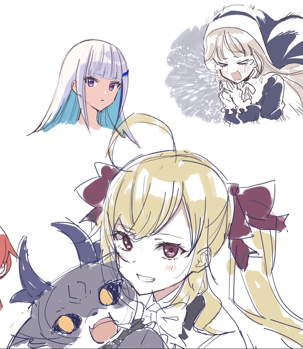 lize helesta ,takamiya rion multiple girls 4girls ahoge purple eyes blonde hair smile bow  illustration images