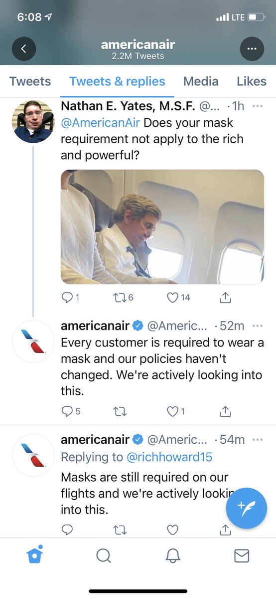 MattFinkes's tweet photo. What are you looking into @AmericanAir? Either you have special exemptions to your mask policy that your everyday travelers(including me) are unaware of, or you chose not to enforce your policy on this man. I’ve been told to raise my mask between sips of water on your flights. https://t.co/1UbY1Neccz