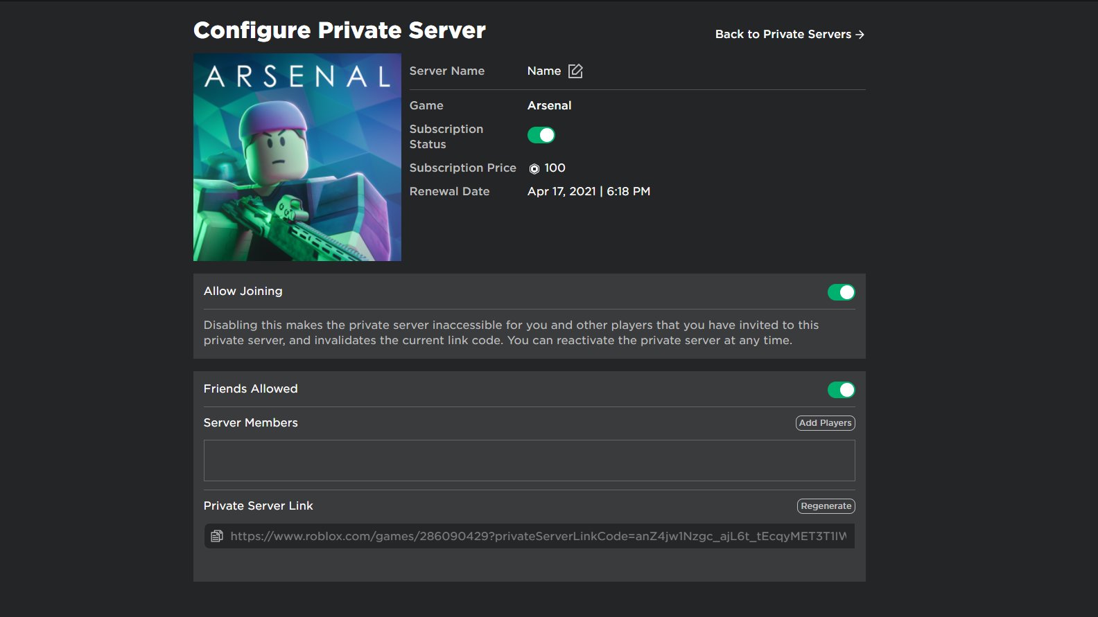 Private server, Roblox Wiki