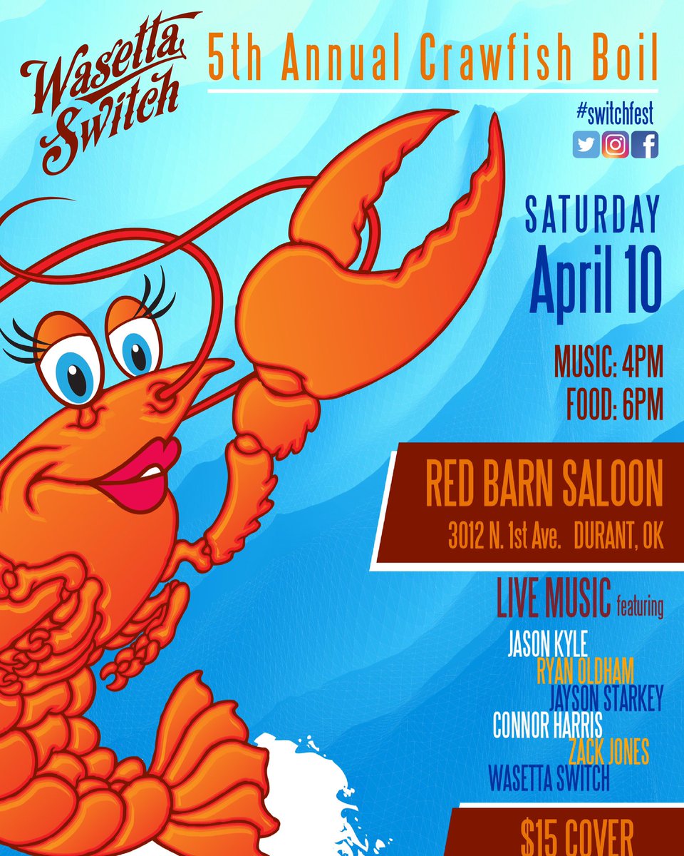 WasettaSwitch's tweet photo. ‼️MARK YOUR CALENDARS NOW‼️ Excited to bring you our 5th Annual Wasetta Switch Crawfish Boil at Red Barn Saloon on Saturday, April 10th 🦞🎶🍻 https://t.co/QBjgHvEwt8