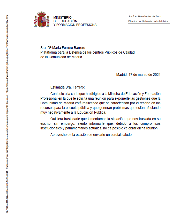 Nos duele esta contestación de <a href="/CelaaIsabel/">Isabel Celaá</a> a 
<a href="/CtrosPublicosYa/">Centros Calidad</a>, hay miles de #Familias que llevan años destapando la nefasta política de infraestructuras educativas públicas en la <a href="/ComunidadMadrid/">Comunidad de Madrid</a> y parece q ella no tiene un minuto para escucharles <a href="/martabll/">Marta Bernardo</a>, muy enfadados
