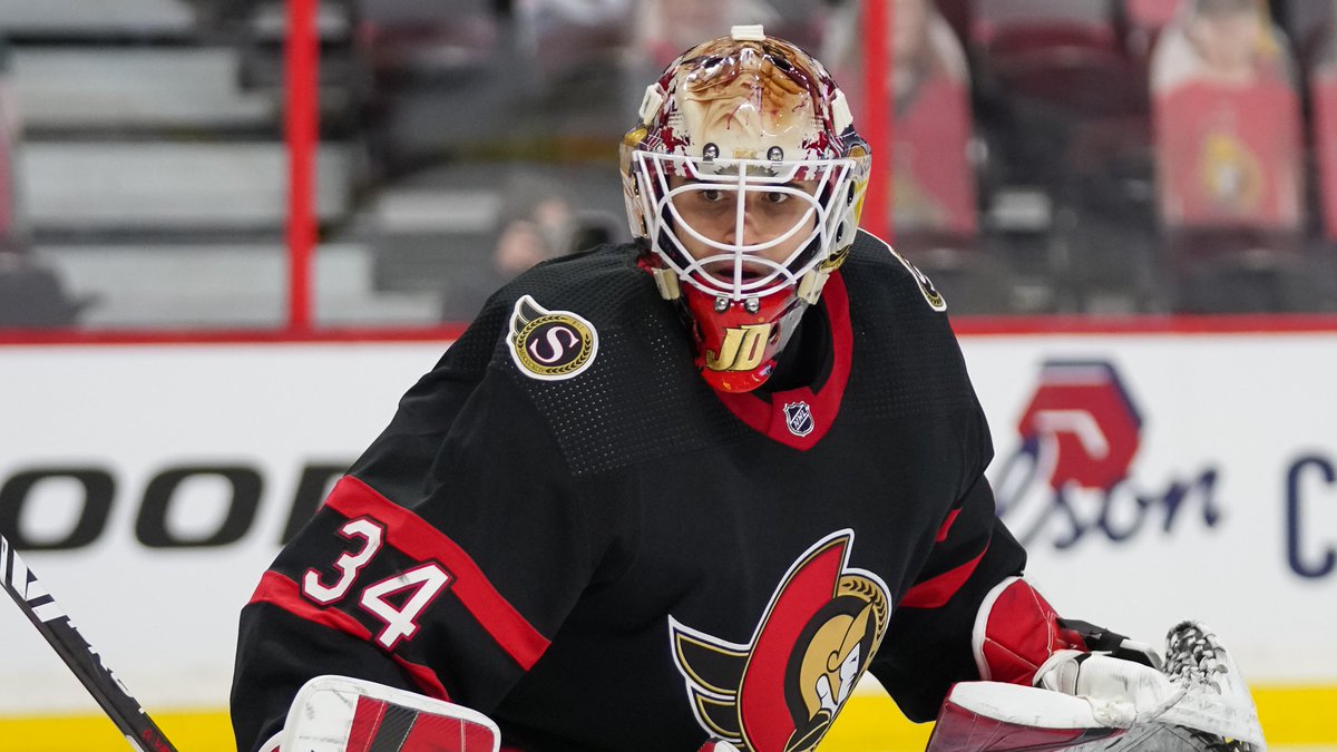 Senators's tweet photo. Joey Daccord leads the #Sens onto the ice for warmups against the Canucks.

#GoSensGo https://t.co/JubO4DBoC4