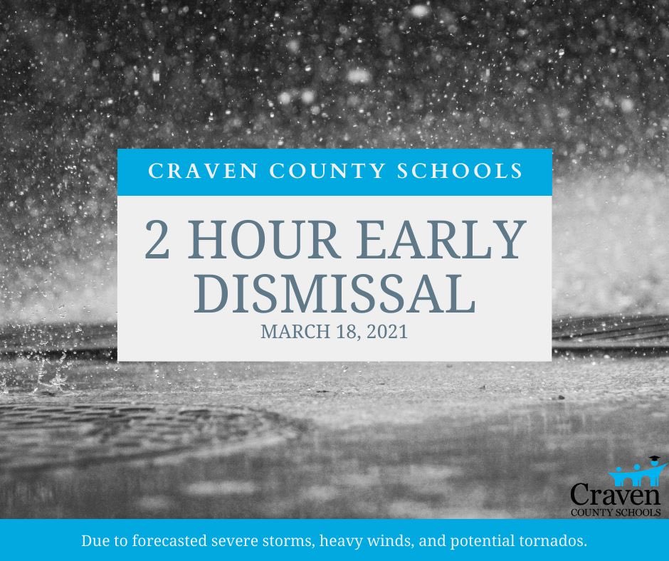 Due to forecasted severe weather conditions communicated by the @NWS, Craven County Schools will operate on a 2hr early dismissal on 3/18. HS will dismiss at 12:30, ES 1pm, and MS 1:30pm. Please be safe! #severeweather