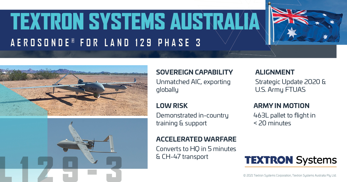 TXTSystems's tweet photo. Textron Systems Australia is committed and ready to support Land 129 Phase 3 for the @AustralianArmy with our #Aerosonde #uas. #sovereigncapability 

Make sure you follow our Textron Systems Australia page so you can stay up-to-date with all things TS Australia! https://t.co/I6fJbeQp1Q