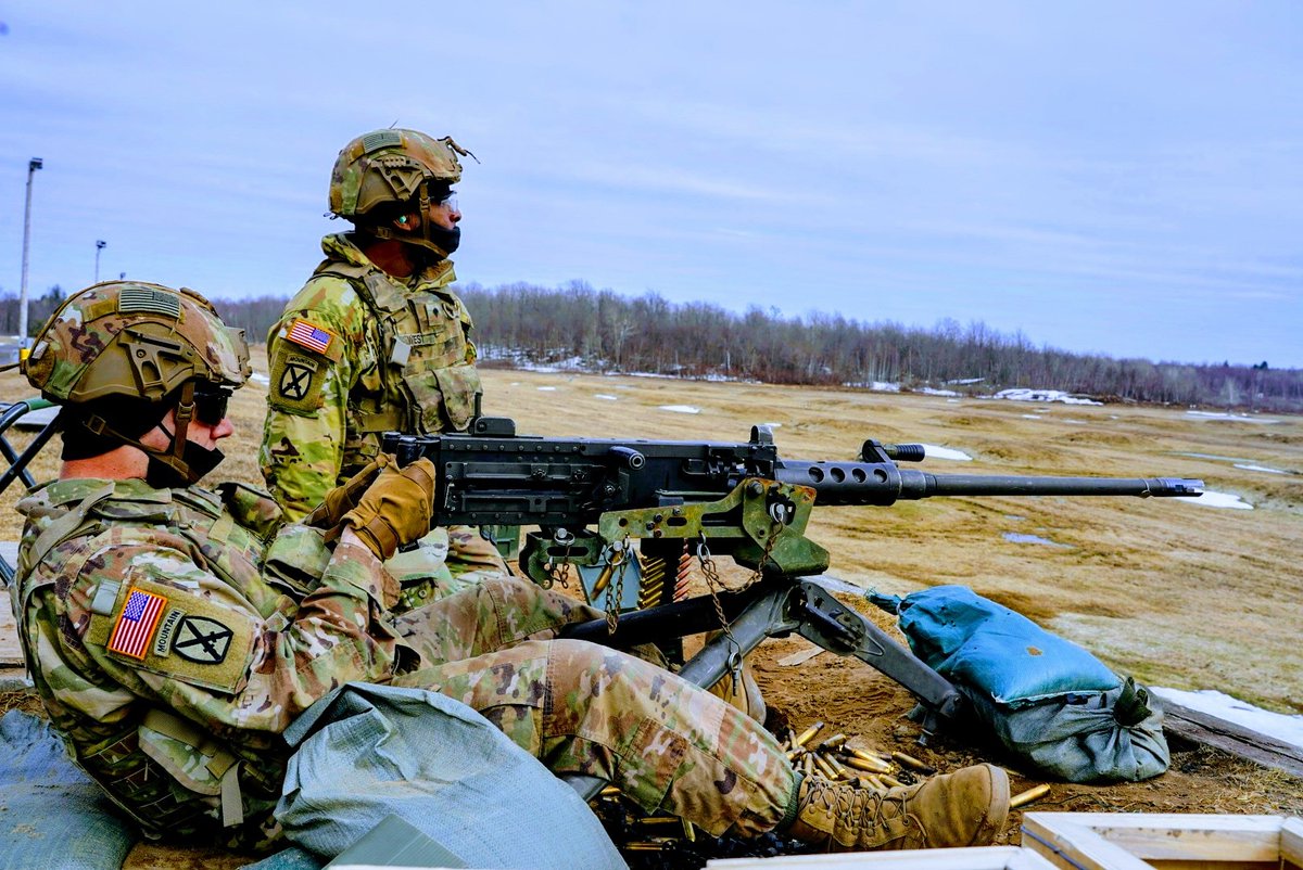 10thMTNDIVARTY's tweet photo. .50 Caliber fire! Spc. Lemoine, a Cannon Crewmember with B Battery, 3-6 Field Artillery, @10MTNDIV, engages targets during crew served weapons qualification, with SPC West, Cannon Crewmember, coaching. #Lethal
@FORSCOM @USArmy #50cal #weaponsqualification https://t.co/IUdijibIx4