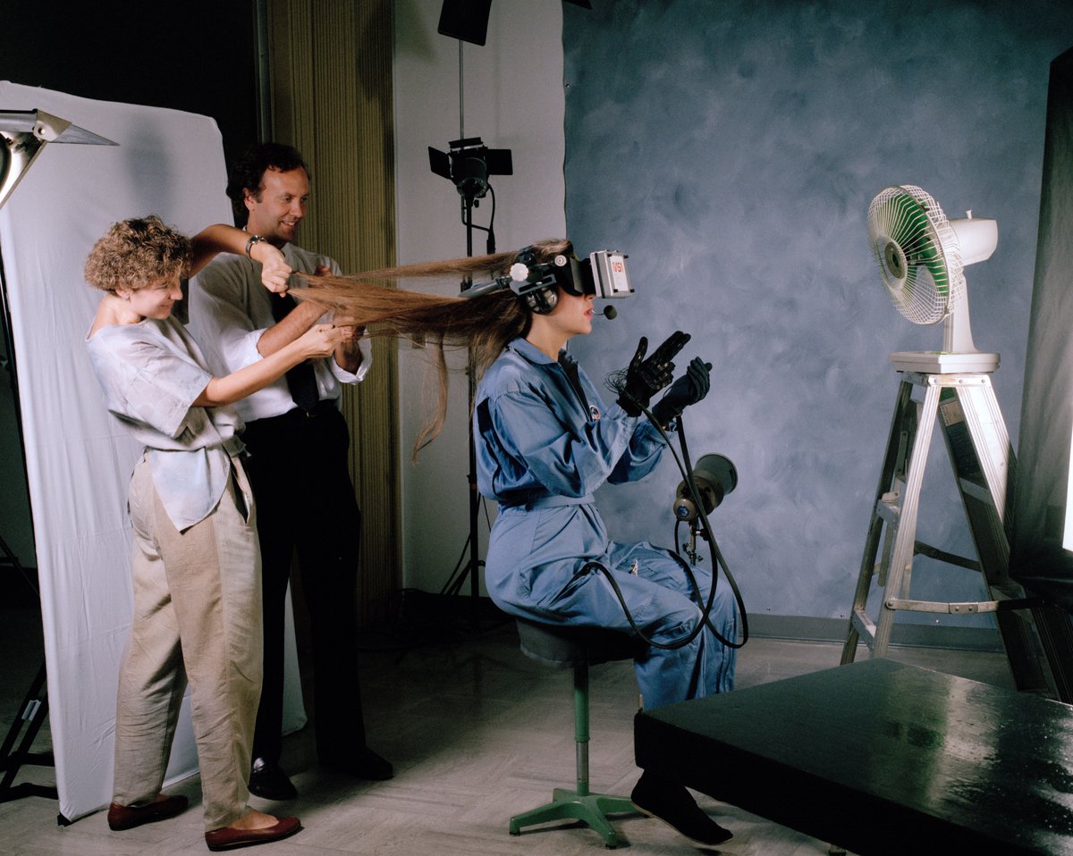 Charlie_Athanas's tweet photo. @polinchock @benz145 Behind the scenes of a famous NASA Ames photo of their V.I.E.W. device. (That's Scott Fisher in the middle of the second photo.) (The model ended up being my "Best Man" at my wedding.) https://t.co/TKVbGNtzxW