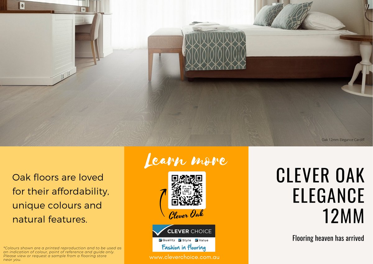 Clever Oak Elegance 12mm Range comprises six modern and stylish colours. 
.⁠
cleverchoice.com.au⁠
#cleverchoice #cleverchoicefloors #cleverchoicedesignfloors #europeanengineeredoak #flooringinspiration #cleveroak