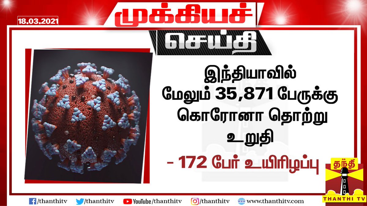 ThanthiTV's tweet image. #BREAKING || இந்தியாவில் மேலும் 35,871 பேருக்கு கொரோனா தொற்று உறுதி - 172 பேர் உயிரிழப்பு

#CoronVirus | #CoronaVirusUpdates | #COVID19India