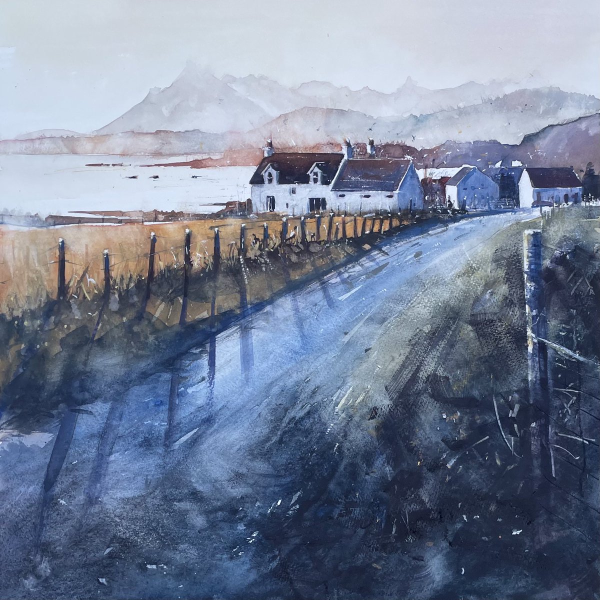 A few stages of my watercolour: Looking towards the Cuillin from Tarskavaig on Skye. From a 2018 trip staying in a converted croft. 48cm square on Millford paper using Schmincke watercolours. From photos I took on a trip to Skye in 2018.  #watercolour #Skye #Scotland.