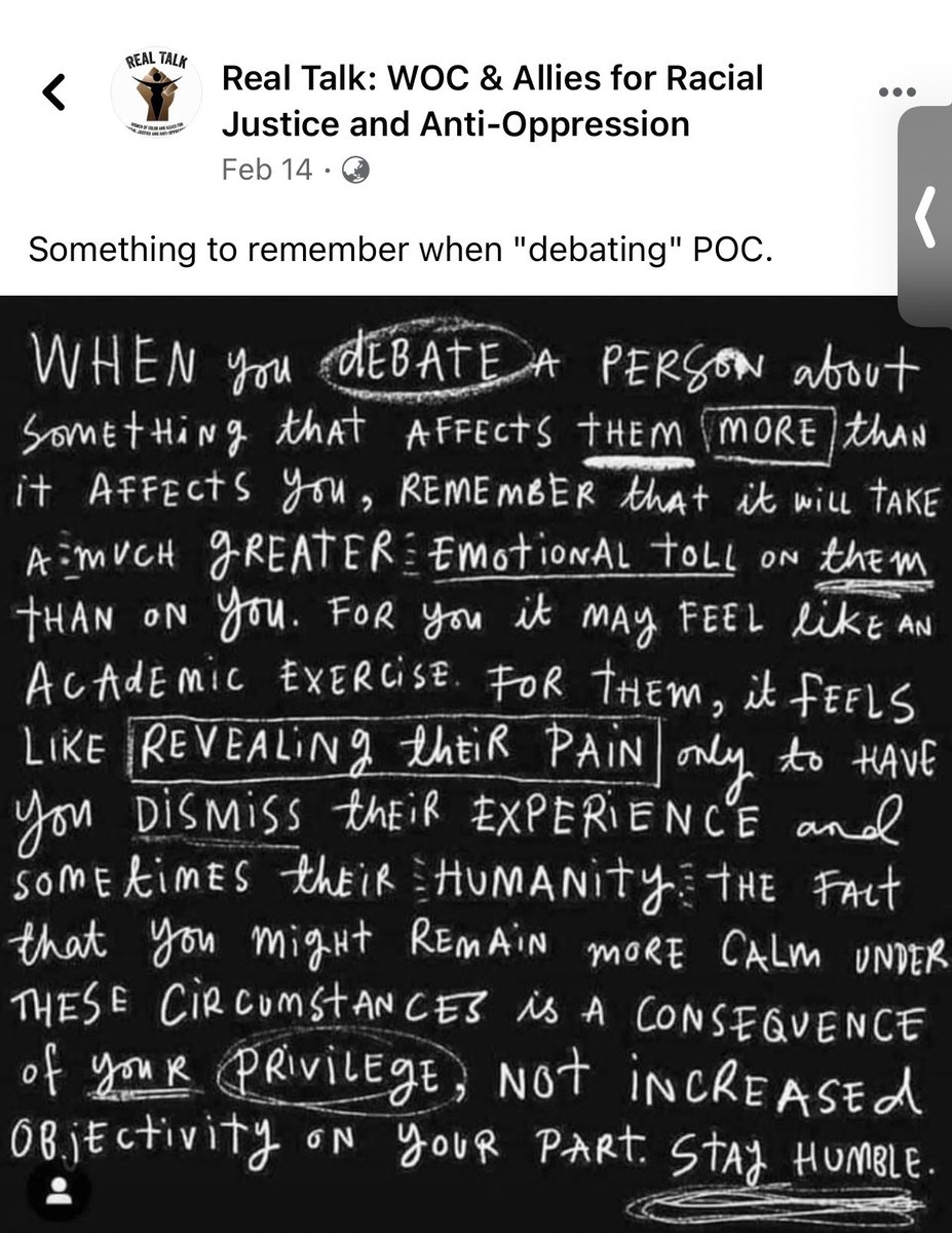This articulated the meaning of privilege in ways I didn’t think of.

The fact that you are calm may be a consequence of privilege, and not increased objectivity. Many things are beyond academics.
: