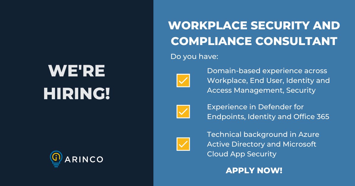 arincoau's tweet photo. 📢 We're hiring! Due to continued growth, we're looking for an experienced Workplace Security and Compliance Consultant to join our team. Find out more at: https://t.co/uyhQbYDZVd
#joinus #hiring #techjobs #VIC #NSW #security #compliance #azure #M365 #O365 #AzureAD https://t.co/JnWLKxaBqm