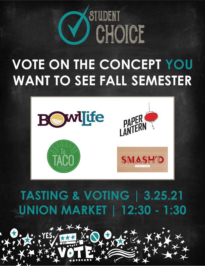 Want to help choose what food is provided at the Union Marketplace? Come by the Union on March 25 from 12:30-1:30 and provide your input!