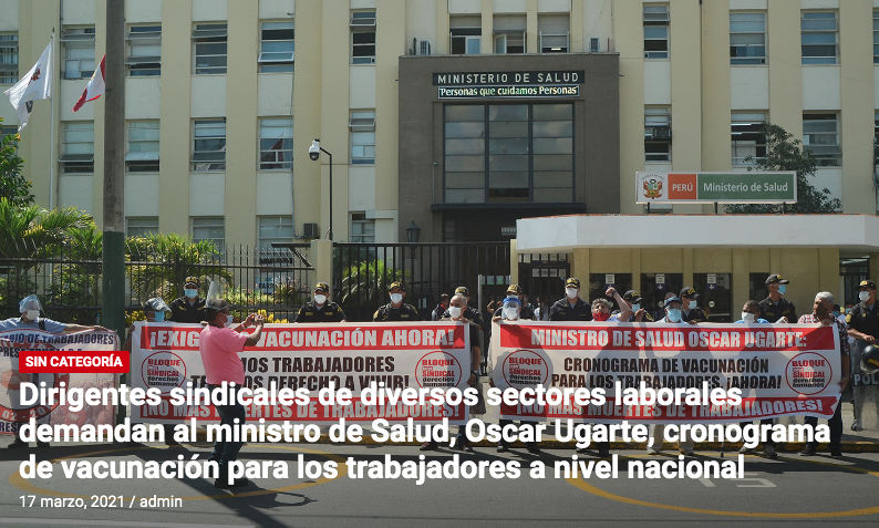 InfoSindicatos's tweet photo. Dirigentes sindicales de diversos sectores laborales miembros del Bloque @IntersindicalDH demandan al ministro de Salud, @ougarteu, cronograma de vacunación para los trabajadores a nivel nacional. @jcrequejo @Vanhuynegem @2030Agenda @ONUPeru @WaykaPeru  https://t.co/XfOLY9V13H https://t.co/ua1ngEa1o4