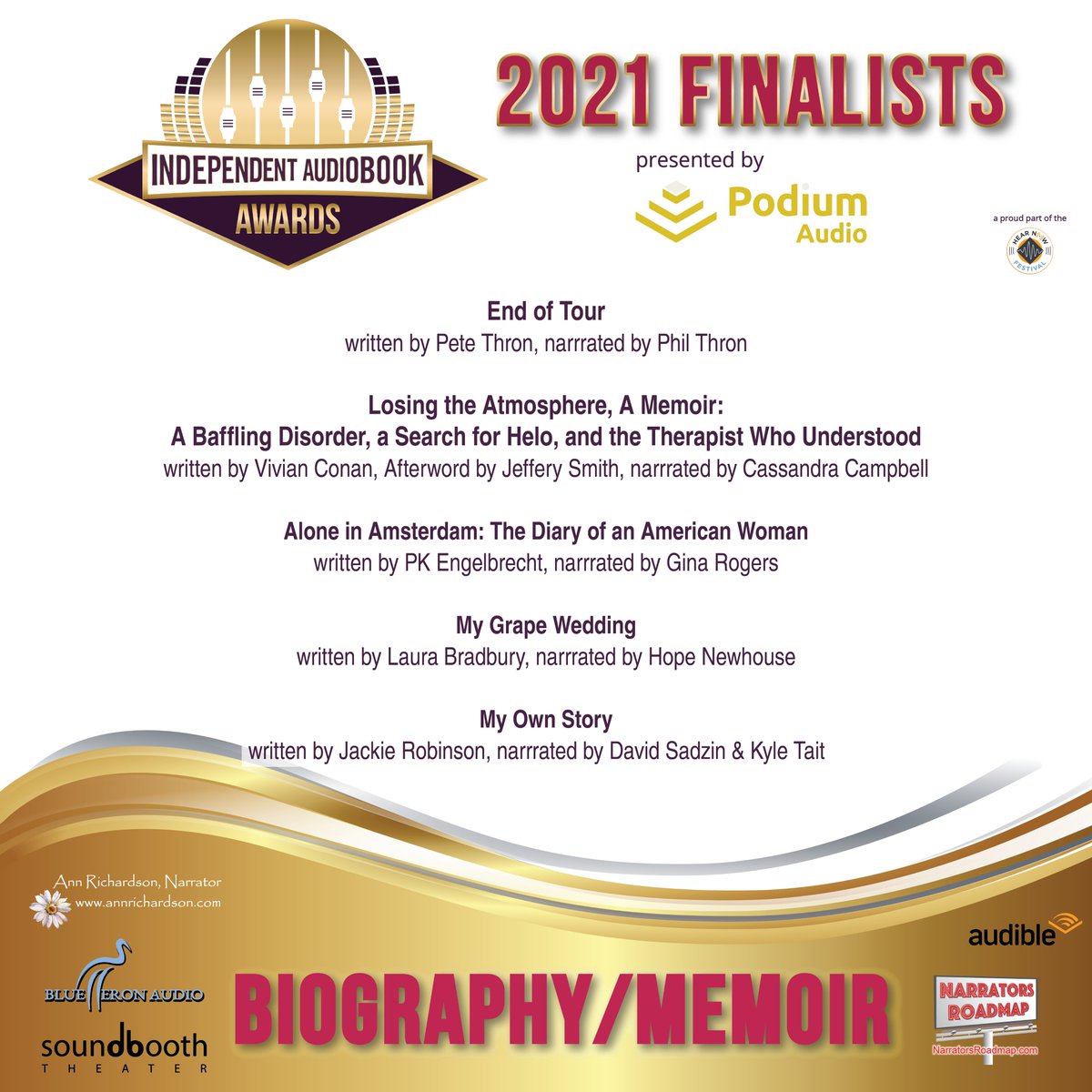 Congrats to our #2021IAA #Finalists in the #Biography #Memoir category! #IndependentAudiobookAwards #Audiobooks #IndieArtists #HearNowFestival