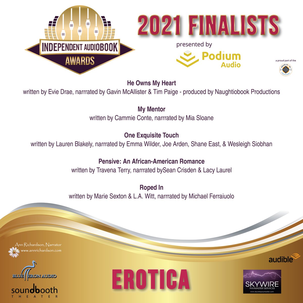 Congrats to our #2021IAA #Finalists in the #Erotica category! #IndependentAudiobookAwards #Audiobooks #IndieArtists #HearNowFestival
