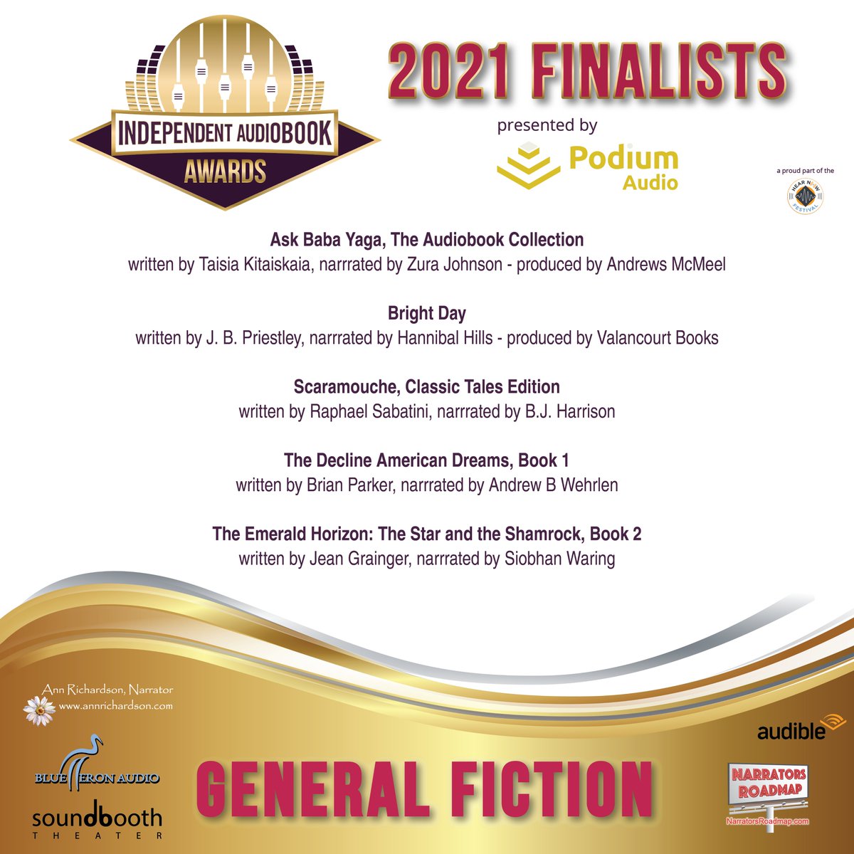 Congrats to our #2021IAA #Finalists in the #GeneralFiction category! #IndependentAudiobookAwards #Audiobooks #IndieArtists #HearNowFestival
