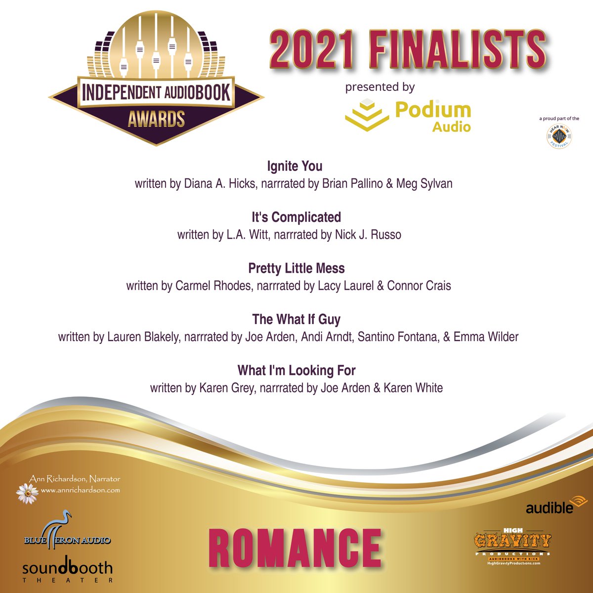 Congrats to our #2021IAA #Finalists in the #Romance category! #IndependentAudiobookAwards #Audiobooks #IndieArtists #HearNowFestival