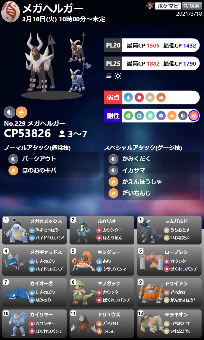 ポケモンgo攻略情報 ポケマピ 本日 ボーナスアワー のテストとして メガレイドアワー が開催されます 3 18 木 18時 19時 メガシンカポケモンがいつもより多く メガレイド に登場 3月のイベントまとめ T Co Tlqjzfhzrq メガレイド