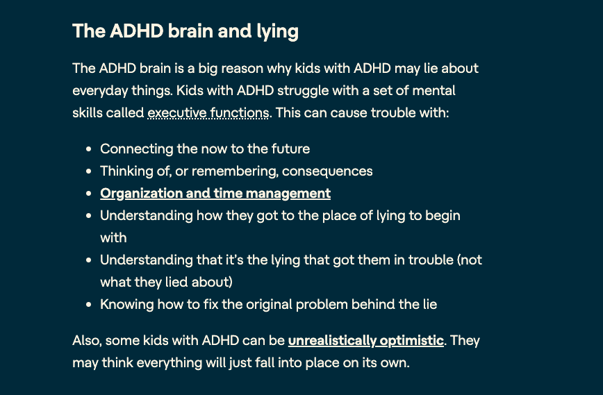 ONTSpecialNeeds's tweet photo. The ADHD brain is a big reason why kids with ADHD may lie about everyday things. https://t.co/wohgcwaEEz