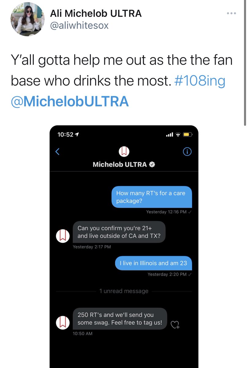 oaf0003's tweet photo. @CopywriterBob @REI @jamesonwhiskey I've seen users post DMs with companies such as 
@MichelobULTRA asking for products in exchange for likes/retweets on posts promoting the brand. Michelob is quite responsive and interactive with followers, so it seems they genuinely care about their customers. #ICMKTG #WVU389 https://t.co/2bBc5CKhAG