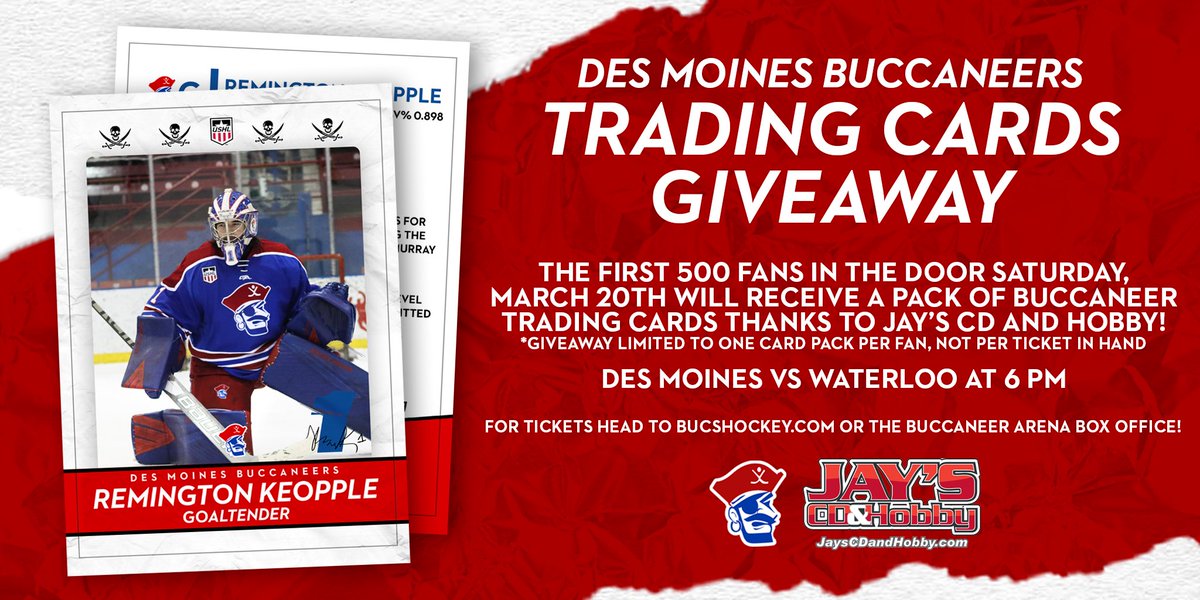 Who is excited to get their very own pack of Des Moines Buccaneers trading cards??? Thank you Jay's CD &amp; Hobby for gifting the first 500 fans in the door Saturday night a pack!