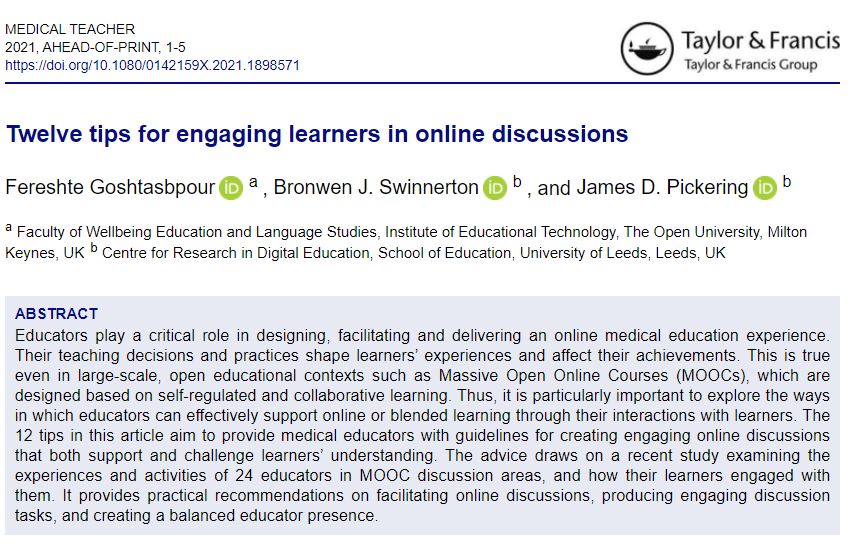 GFereshte's tweet photo. Our new paper (@bronswinnerton @AccessAnatomy ) on engaging learners in #onlinediscussions is out!
@IETatOU @DigEduLeeds
https://t.co/Uh8vIi6pII
50 free online copies are available https://t.co/TGEt2JOwYV