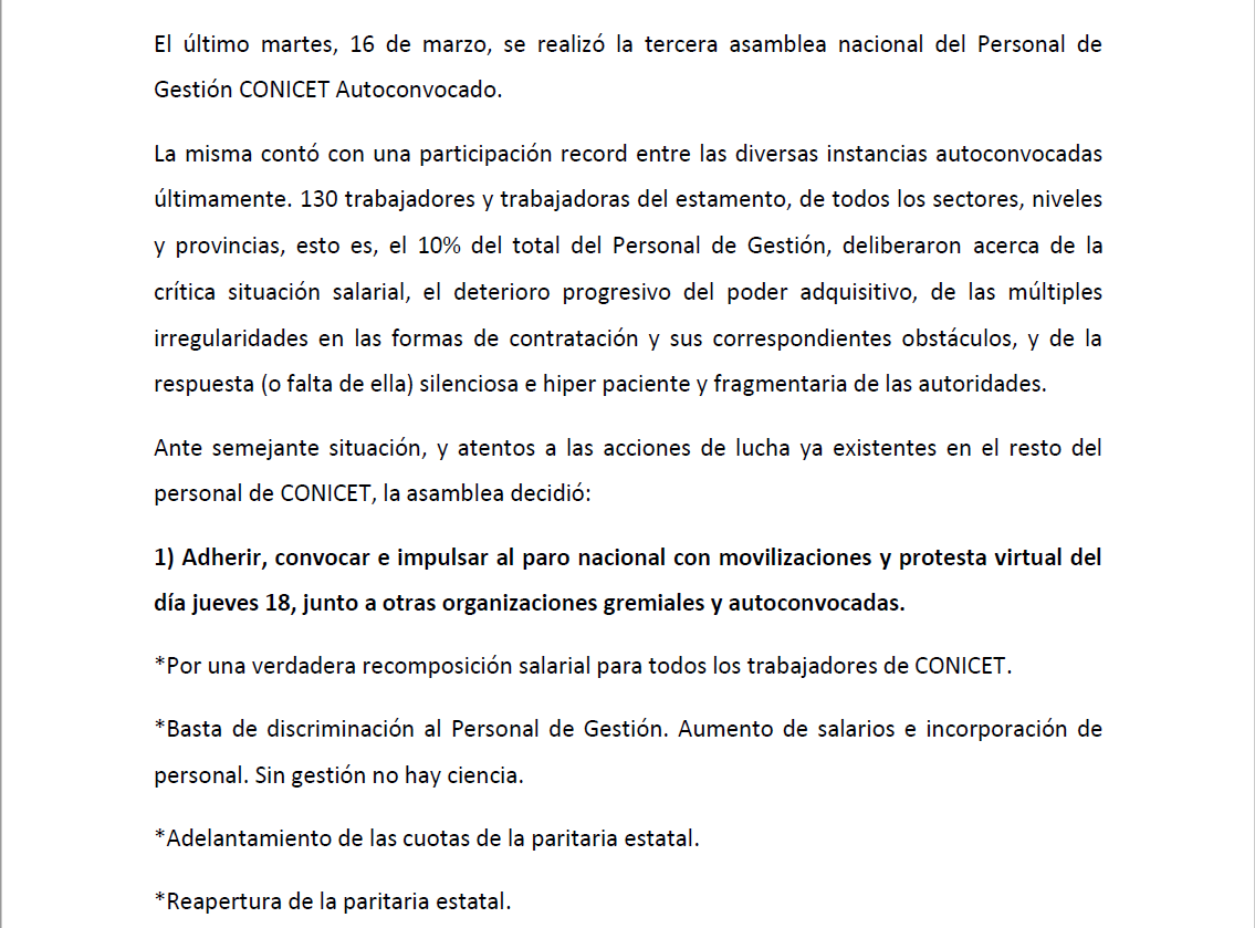 adm_CONICET's tweet photo. Mañana y pasado vamos al paro nacional!!
-BASTA DE PARCHES, RECOMPOSICIÓN SALARIAL YA
-POR UN CCT SECTORIAL, PASES A PLANTA PERMANENTE Y UNA VERDADERA CARRERA EN EL ORGANISMO
-INCORPORACIÓN DE MÁS PERSONAL
-RECONOCIMIENTO A JEFATURAS Y COORDINADORES

#SinGestiónNoHayCiencia https://t.co/zeuwF1gHsx