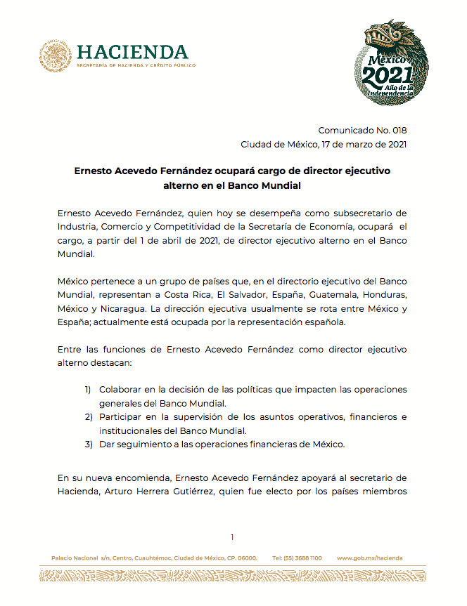 nayeli__meza's tweet photo. #COMUNICACO Ernesto Acevedo Fernández ocupará el cargo de director ejecutivo alterno en el @BancoMundial.
En la actualidad, el funcionario se desempeña como subsecretario de Industria, Comercio y Competitividad de la Secretaría de Economía. https://t.co/wKChoiRr0z