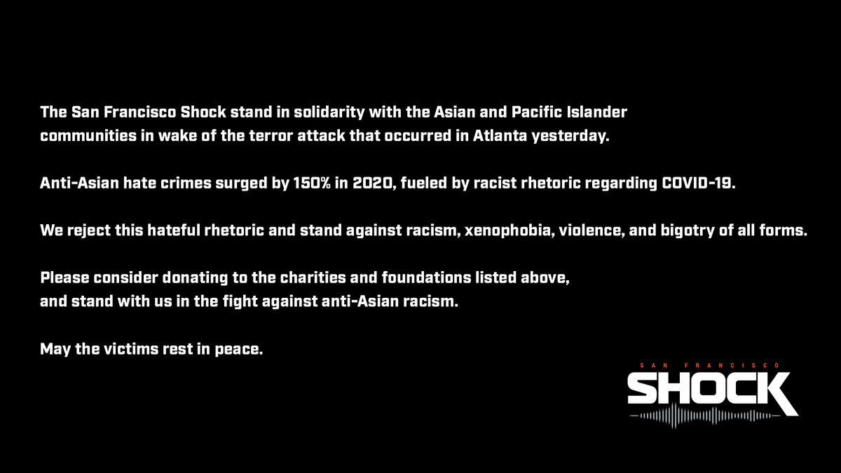 SFShock's tweet photo. We are deeply saddened by the events that occurred in Atlanta yesterday. Please consider making a donation to the following charities and funds to aid in the fight to #StopAsianHate

https://t.co/c2lDaCl1en
https://t.co/x4LDDKYaer https://t.co/E2gaRbnQjA