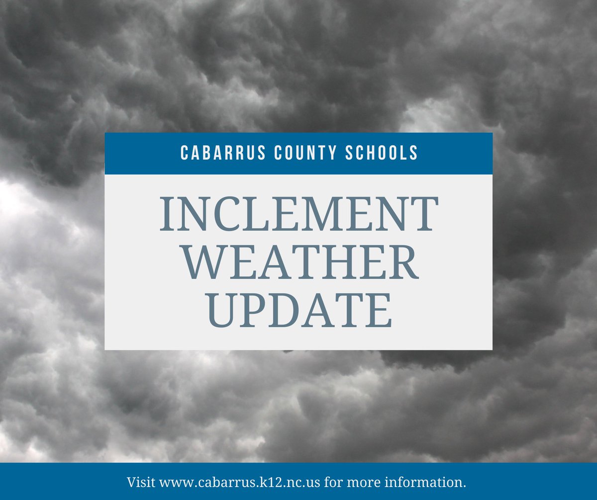 IMPORTANT: Thursday, March 18, 2021, will be a Remote Learning Day for #CabCoSchools due to the inclement weather predicted to impact our area.🌩 KIDS:PLUS will not operate. Curbside Meal Pick-up will be available from 9 to 10 a.m.
 
ℹ️ Visit cabarrus.k12.nc.us for details.