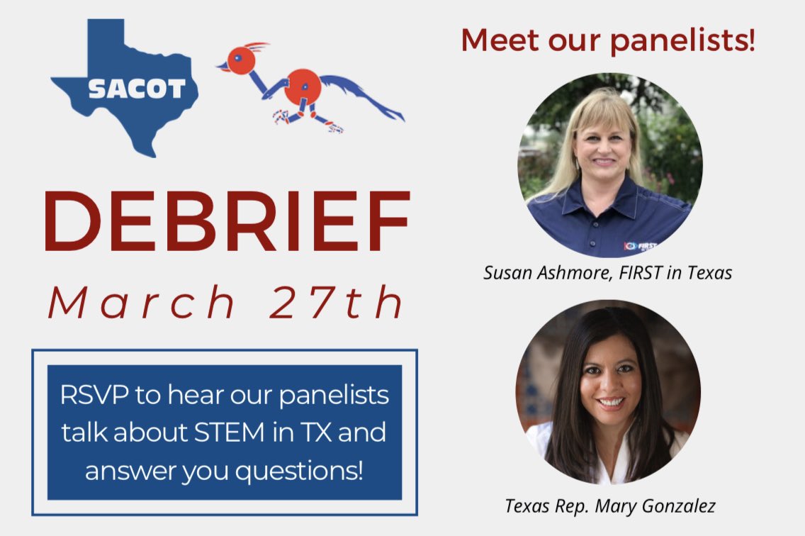 SACOTexas's tweet photo. SACOT LAW: Debrief is on Sat, March 27th! We hope you are getting excited to hear our panelists @RepMaryGonzalez &amp; Mrs. Ashmore from @firstintexas! We will also have a discussion about our legislator meetings! RSVP (select the “March 27th” option): https://t.co/WN7WGsdggM! https://t.co/zU04qN1O2L