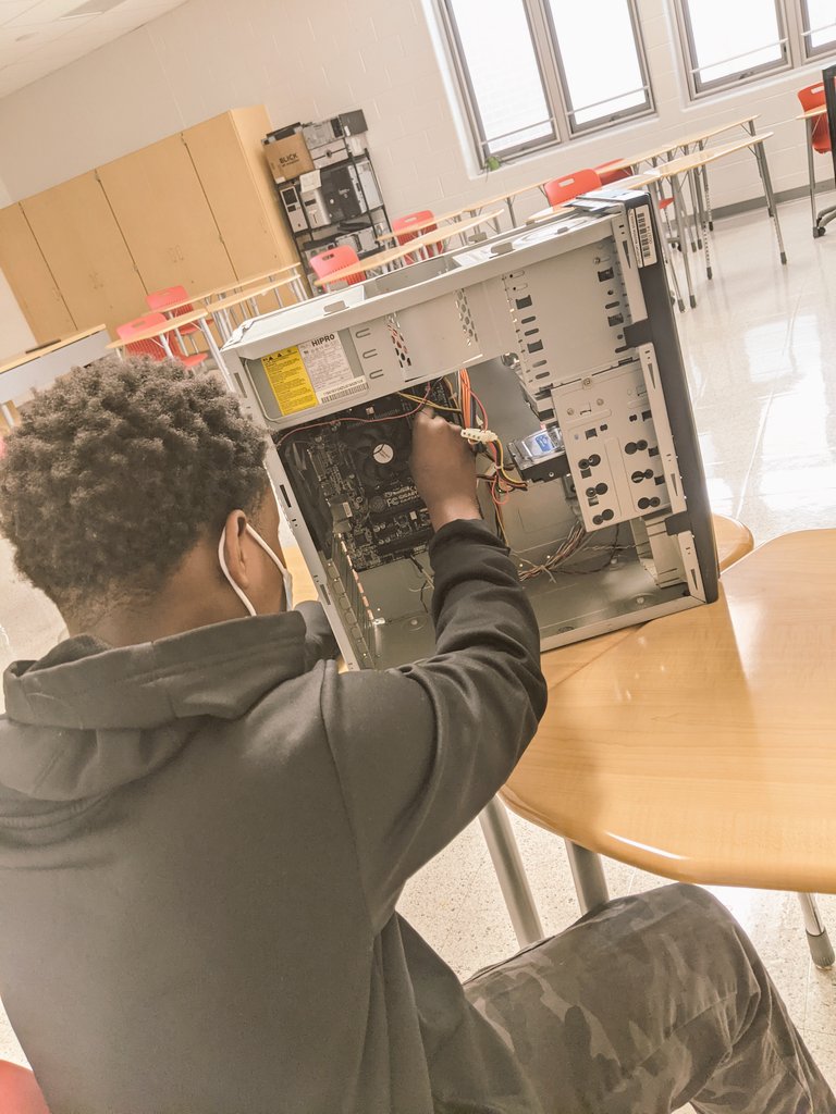 Blended learning has been...interesting! In this particular class, I have 2 students on M/T &amp; 13 students on TH/F (15 students CDA). This kiddo really wanted to take apart a computer, so that we did! So excited to have the A &amp; B students back together next week!