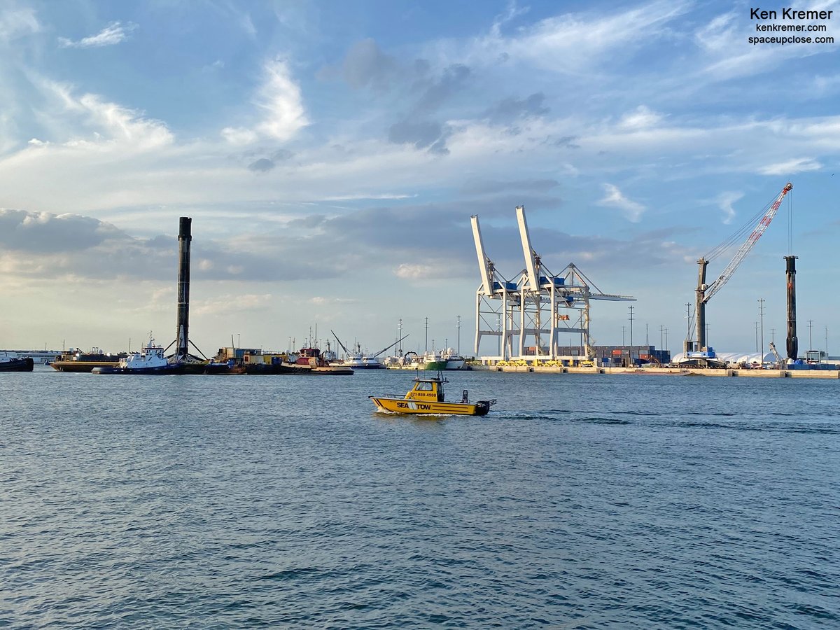 ken_kremer's tweet photo. "Historic First as 2 Recovered #SpaceX Falcon 9 Boosters Stand Vertical at @PortCanaveral after 1st to Fly 9 Times Returns:Photos"-#Falcon9
#2Falcon9VerticalSimultaneously #RocketRecycling #OCISLY #Starlink. Read my story/pix Ken Kremer Jean Wright
https://t.co/pymE9oKuDg https://t.co/pFmGZw1ReO