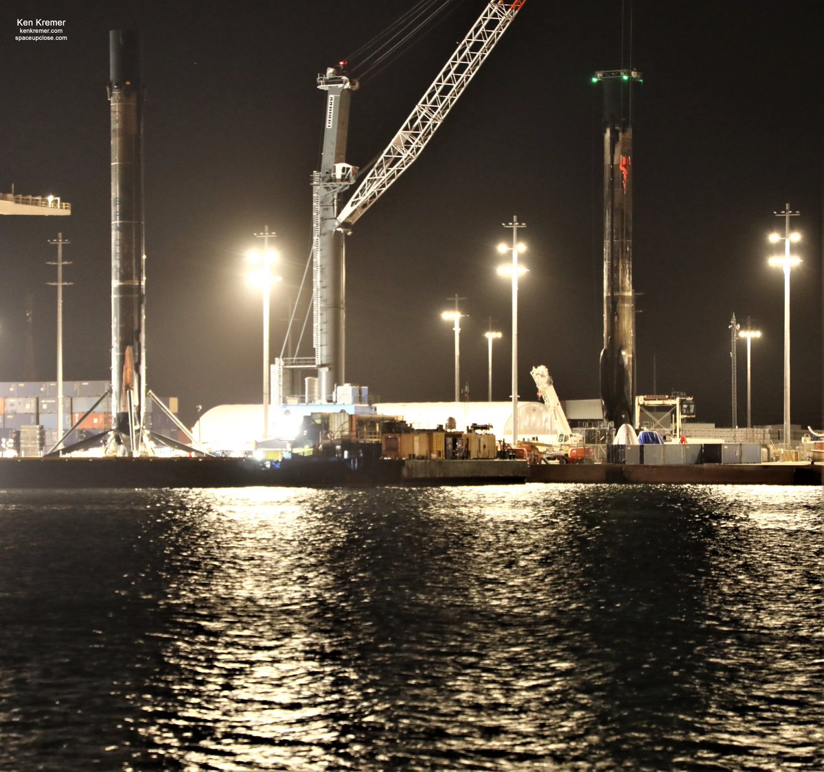 ken_kremer's tweet photo. "Historic First as 2 Recovered #SpaceX Falcon 9 Boosters Stand Vertical at @PortCanaveral after 1st to Fly 9 Times Returns:Photos"-#Falcon9
#2Falcon9VerticalSimultaneously #RocketRecycling #OCISLY #Starlink. Read my story/pix Ken Kremer Jean Wright
https://t.co/pymE9oKuDg https://t.co/pFmGZw1ReO