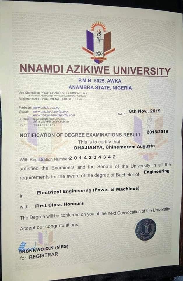 AfamDeluxo's tweet photo. Ohajianya Chinaemerem Augusta Bags FIRST CLASS HONOURS in Electrical Engineering from Nnamdi Azikiwe University, Awka. Anambra State, but because she is not naked, she won't be applauded or seen as seen as a role model by ndị Landlady. Congratulations Augusta. 🥳🥳🥳 https://t.co/EfxsEjc4JA