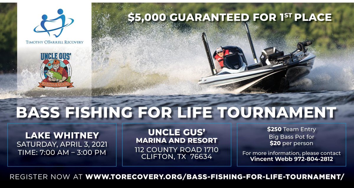 TOFRecovery's tweet photo. The countdown to April 3rd has begun. Get signed up for some great fishing while raising money to save lives. https://t.co/NWdGQtQME6 #Torecovery #Bass  #UncleGus #BassTournament https://t.co/LZJRG6CfOl