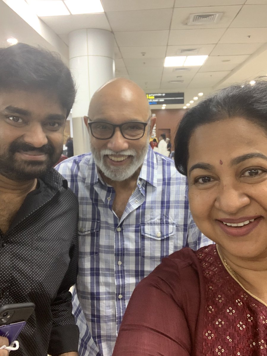 realradikaa's tweet photo. Lovely to meet #satyaraj  after a long time, travelling to Coimbatore together  @Sibi_Sathyaraj  we had director A.L.Vijay for company too https://t.co/l2dA1End3m