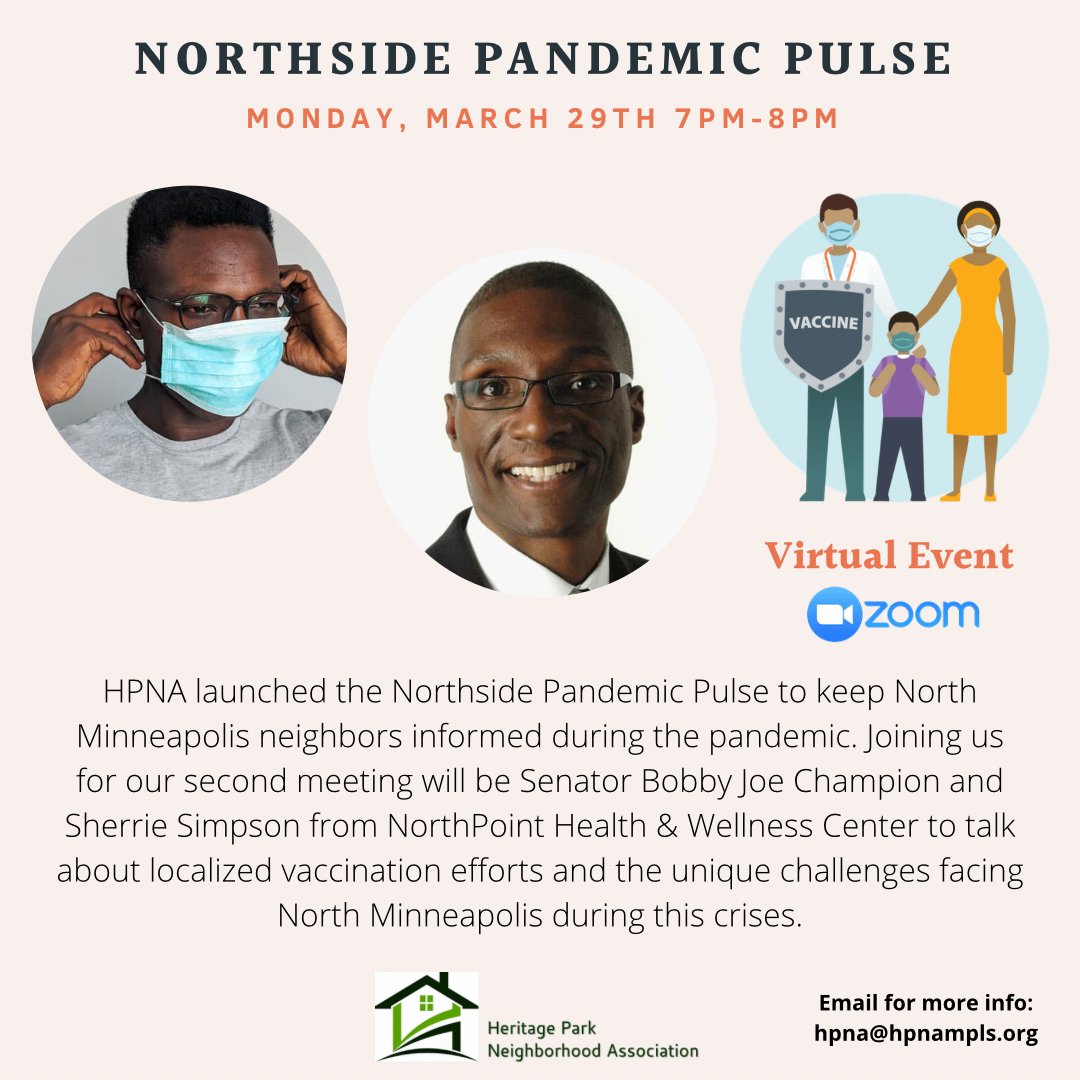 RSVP for our second Northside Pandemic Pulse meeting Monday, March 29th! We're happy to have @SenChampionMN59 & Sherrie Simpson from @NorthPointMpls joining us for this discussion on Covid Safety and what it means for North Minneapolis: fb.me/e/BcfzSU57 #NMPLS #NorthMPLS