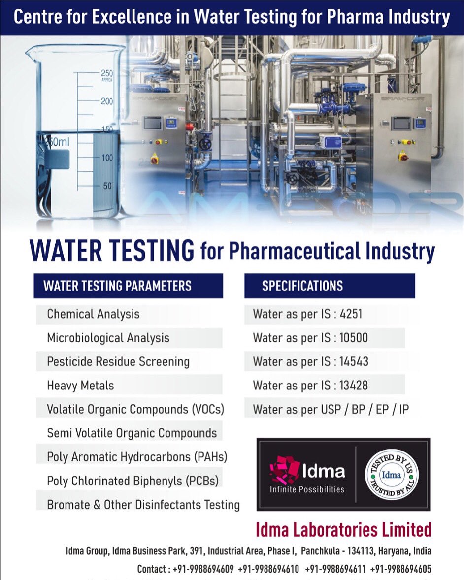 IdmaGroup's tweet photo. Our #Food #Pharmaceutical & #Instrumentation #Laboratories r #NABL #FSSAI & #BIS apvd for #testing of #WATER reqd by #PharmaceuticalIndustry
#testingwater #watertesting #chemicalanalysis #microbiologicalanalysis #pesticideresidue #heavymetals #organoccompounds #bromatetesting https://t.co/LG5A7EX7AN