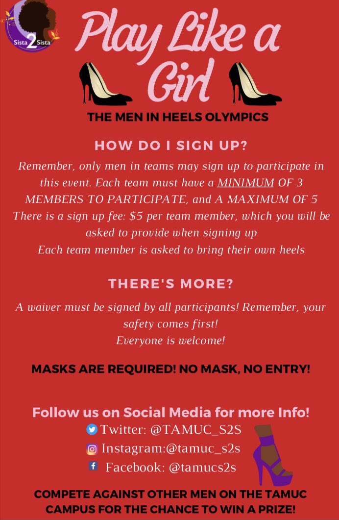 TAMUC_S2S's tweet photo. ✨Sista2Sista Presents Play Like A Girl 👠⚽️✨

Alright Fellas! Do you think you have what it takes to Play Like A Girl? If so, gather a team of 3 to 5 guys, and sign up to compete in events while wearing heels to win some prizes! Contact us to sign up! Spots limited! https://t.co/7HsFHjqlPY